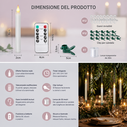 Candele LED Fluttuanti Controllate con Bacchetta Magica e Ganci per Appendere