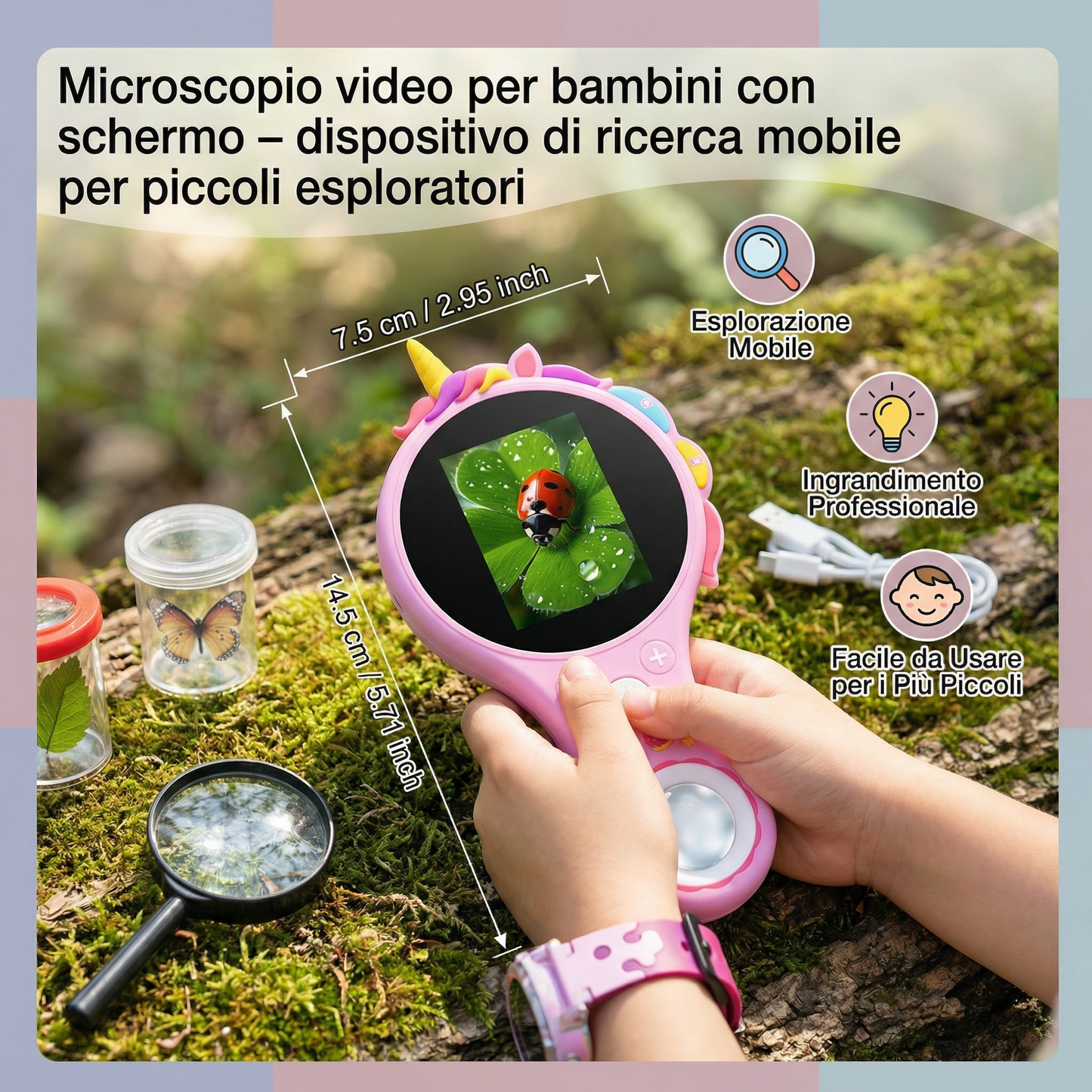 Microscopio video per bambini con schermo – dispositivo di ricerca mobile per piccoli esploratori