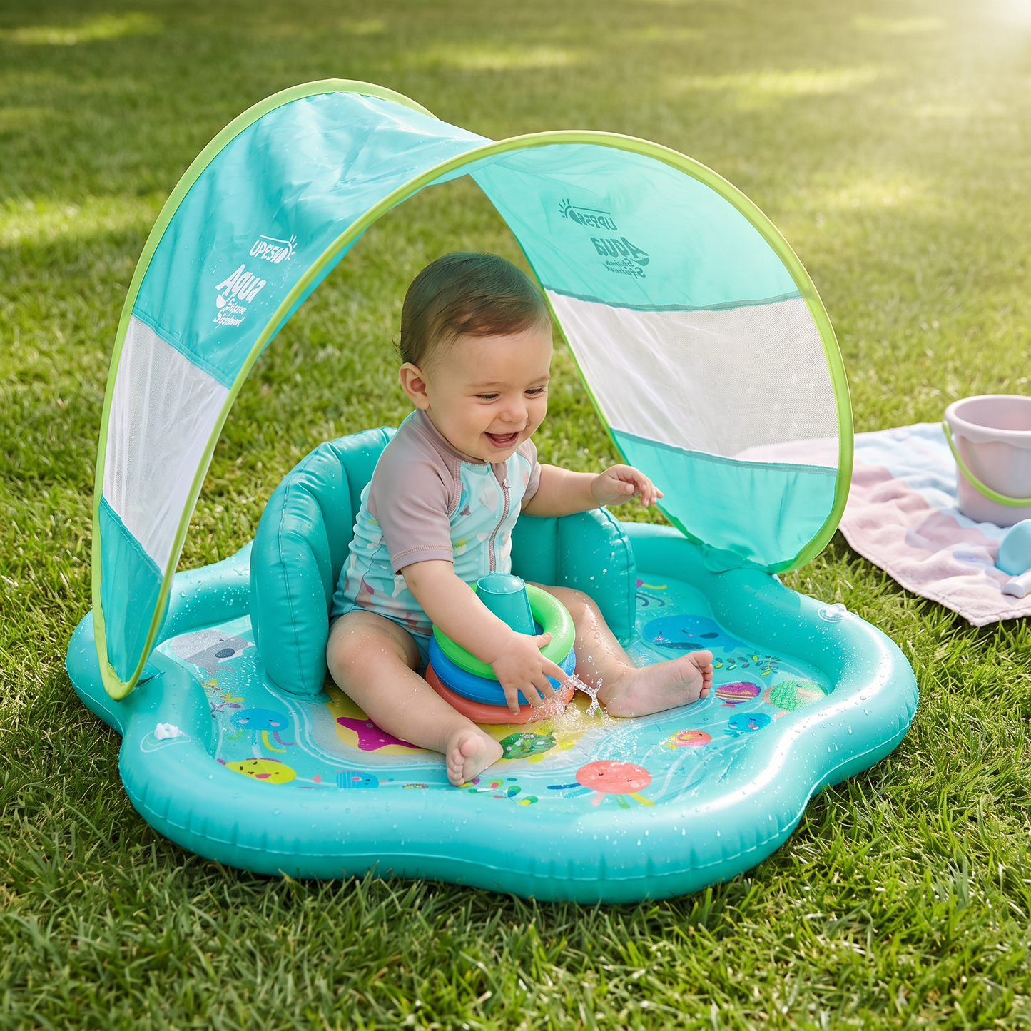 Tappeto da Gioco Gonfiabile per Bambini con Tettuccio – Gioco d'Acqua e Protezione Solare per Bambini