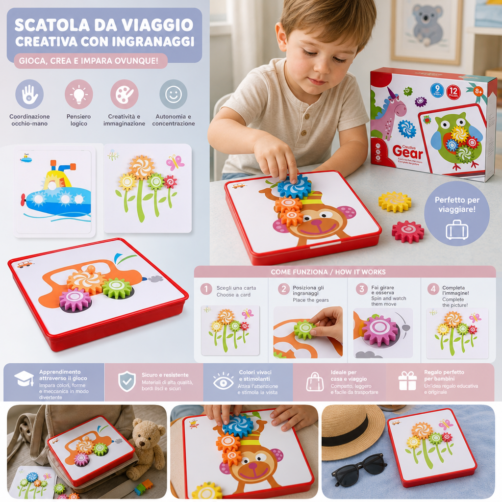 Scatola da Viaggio Creativa con Ingranaggi e Carte Attività per Bambini