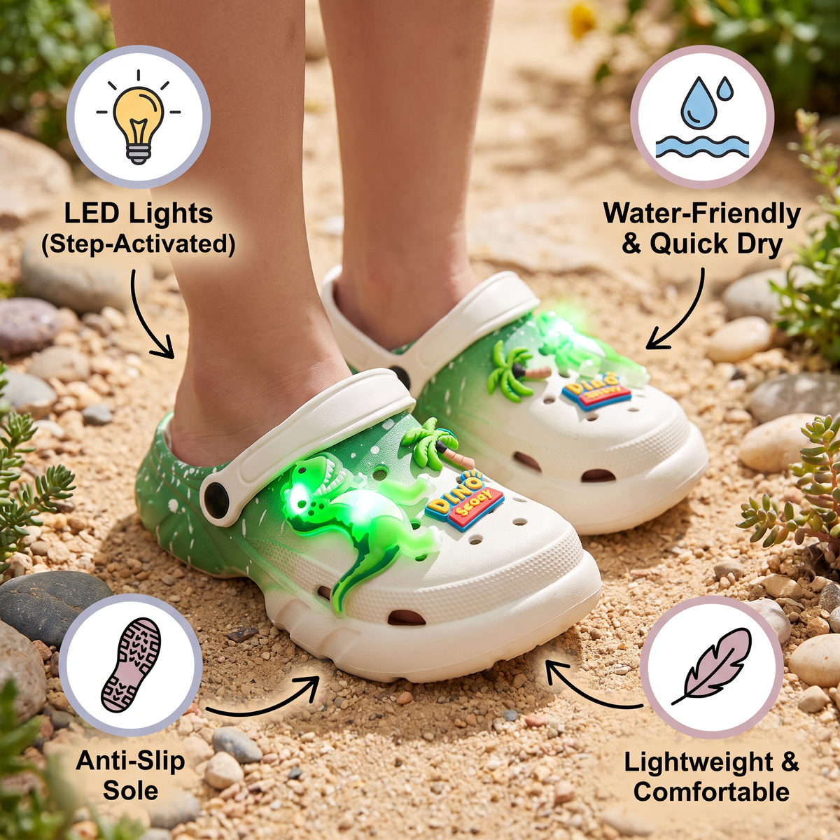 Zoccoli LED a forma di dinosauro per bambini – Scarpe estive e da spiaggia luminose e antiscivolo per giardino e mare