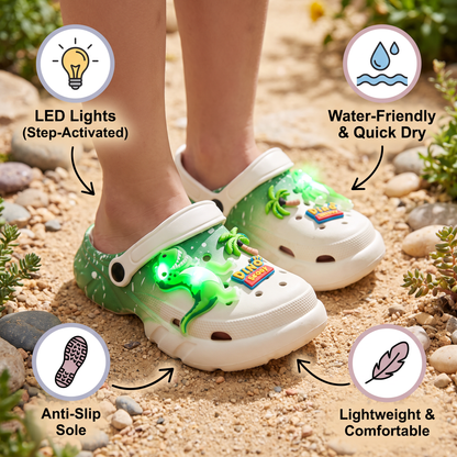 Zoccoli LED a forma di dinosauro per bambini – Scarpe estive e da spiaggia luminose e antiscivolo per giardino e mare