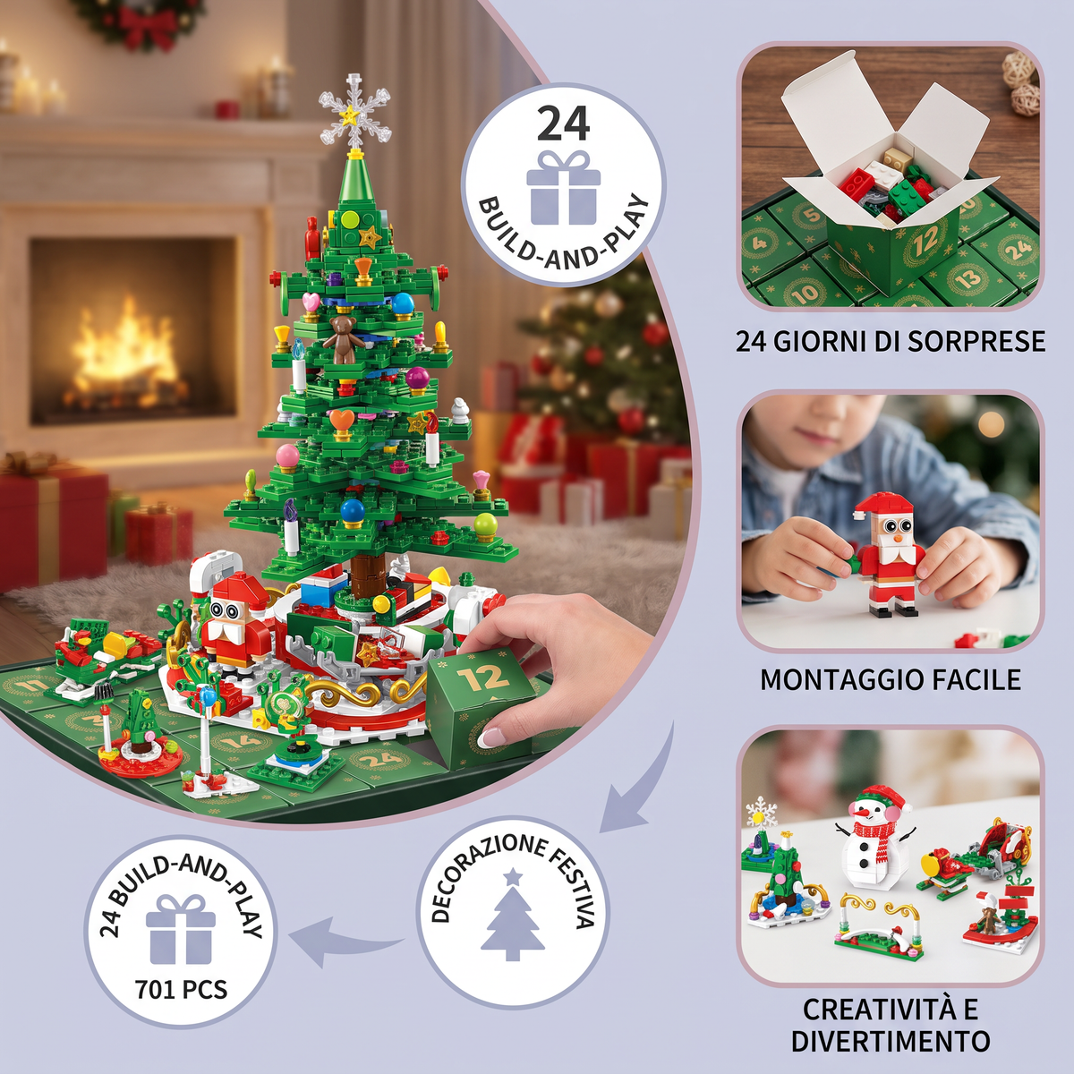 Calendario dell’Avvento con Mattoncini a Forma di Albero di Natale per Bambini
