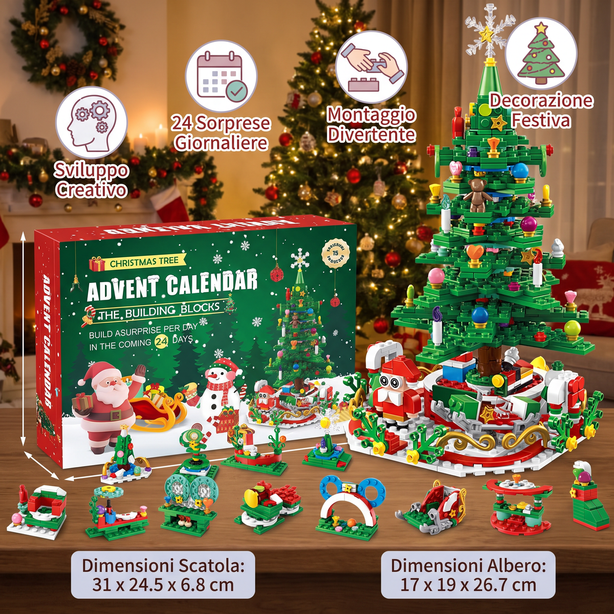 Calendario dell’Avvento con Mattoncini a Forma di Albero di Natale per Bambini