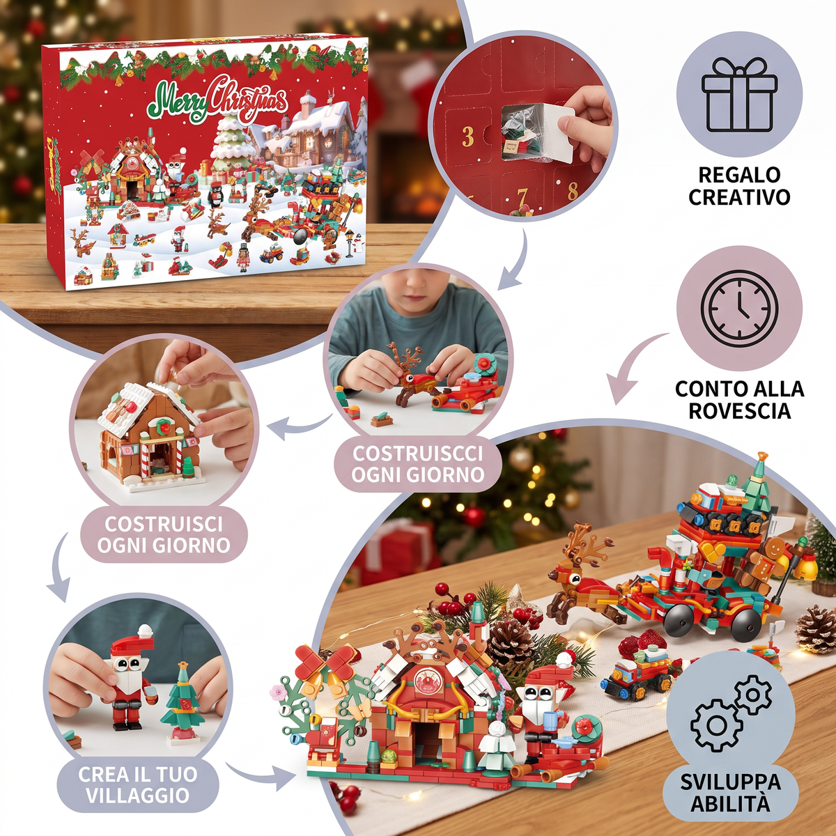 Calendario dell’Avvento con Blocchi da Costruzione – Villaggio di Natale per Bambini