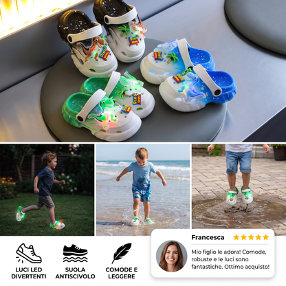 Zoccoli LED a forma di dinosauro per bambini – Scarpe estive e da spiaggia luminose e antiscivolo per giardino e mare