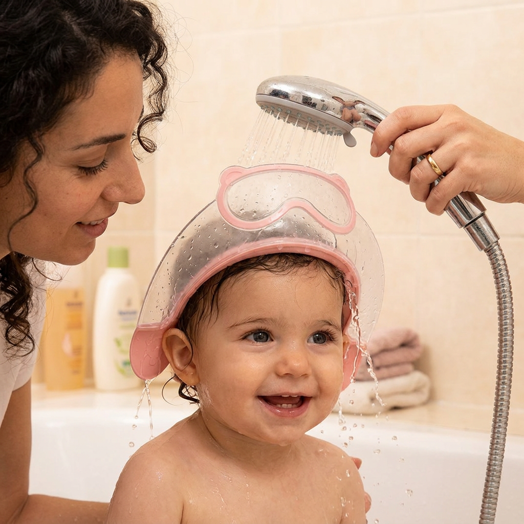 Visiera regolabile per neonati con protezione a 360° per occhi e orecchie da acqua e shampoo