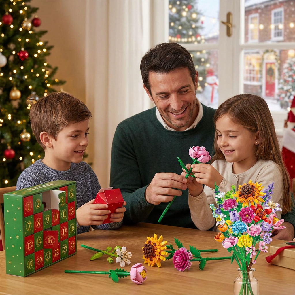 Calendario Dell'Avvento Natalizio Con Bouquet Di Fiori In Blocchi Da Costruzione