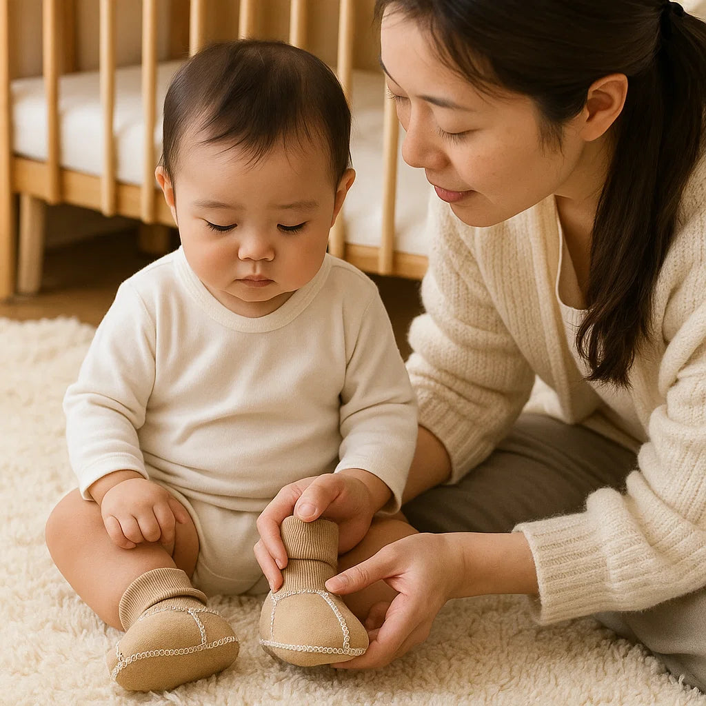 Calzini-scarpe invernali per bebè foderati con effetto pelle scamosciata