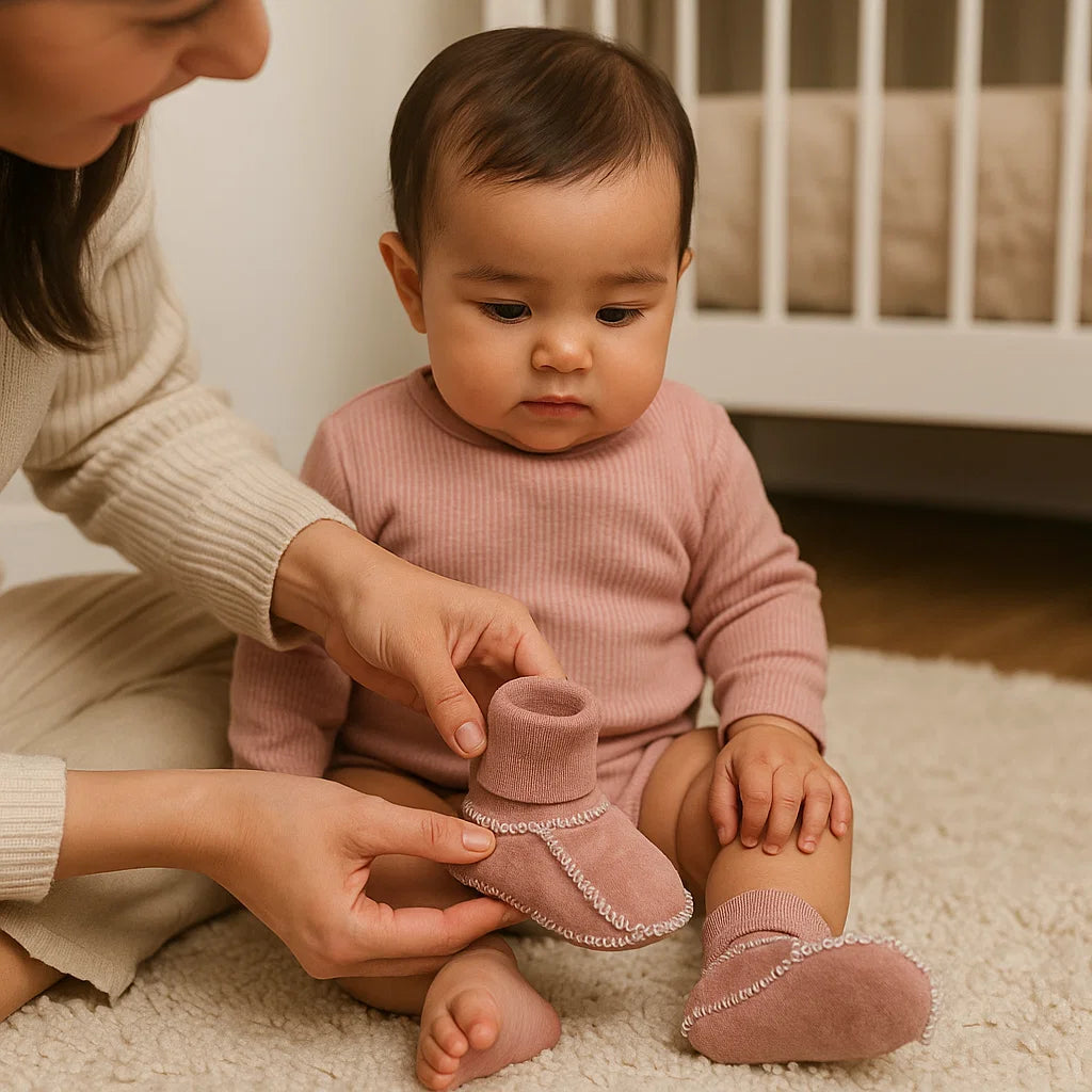 Calzini-scarpe invernali per bebè foderati con effetto pelle scamosciata