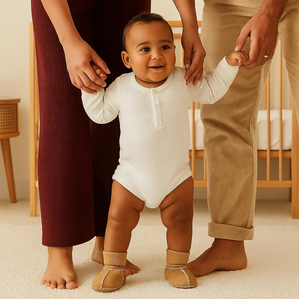 Calzini-scarpe invernali per bebè foderati con effetto pelle scamosciata