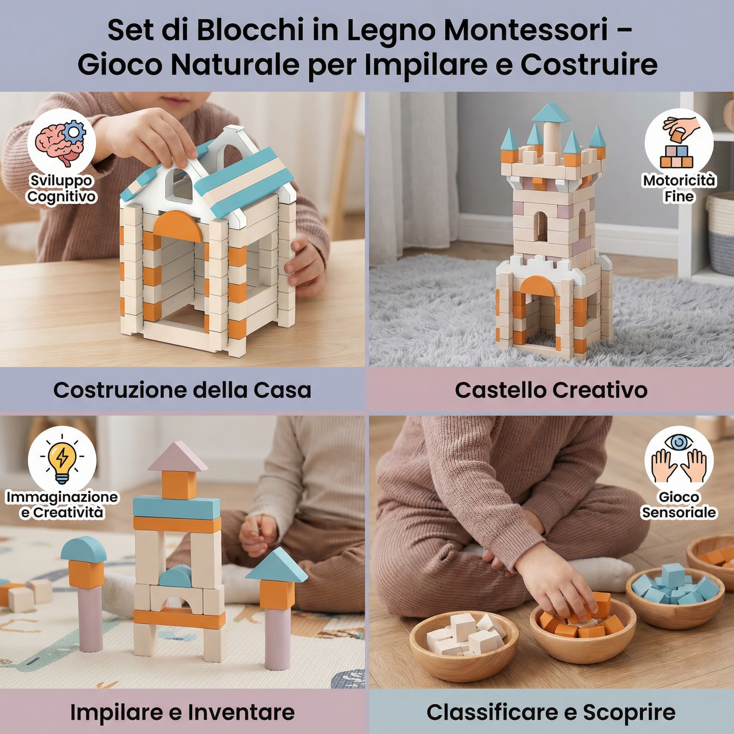 Set di Blocchi in Legno Montessori – Gioco Naturale per Impilare e Costruire