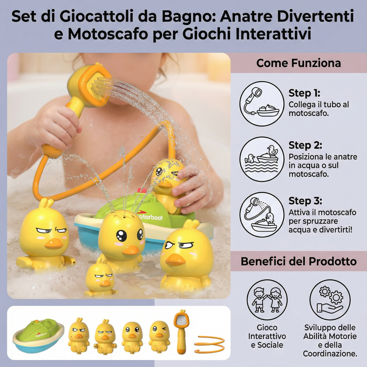 Set di giocattoli da bagno per bambini | Divertenti anatre che spruzzano acqua con motoscafo per giochi interattivi durante il bagno