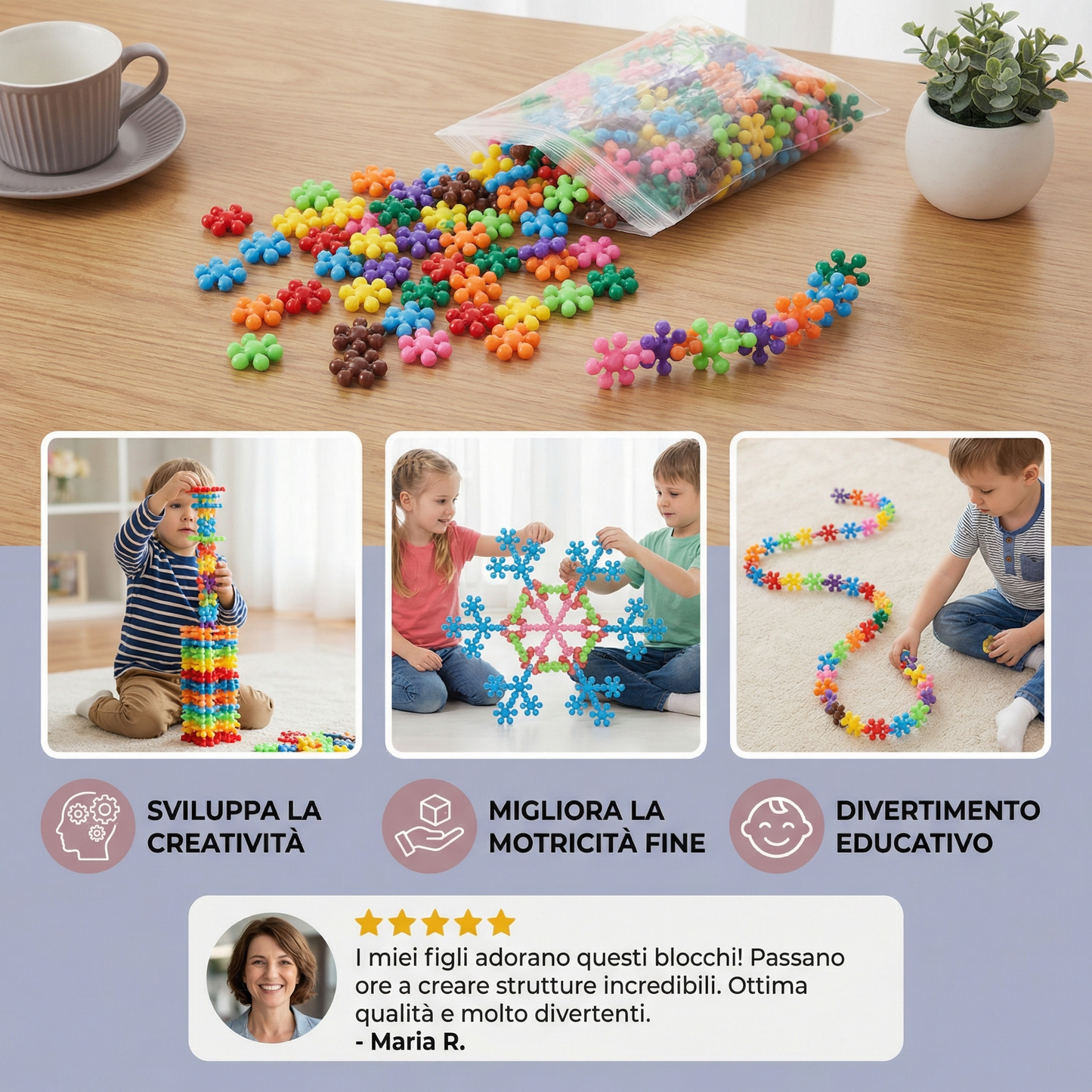 Blocchi da costruzione a forma di fiocco di neve per bambini ⎜ Puzzle 3D creativo per divertimento educativo e capacità motorie fini