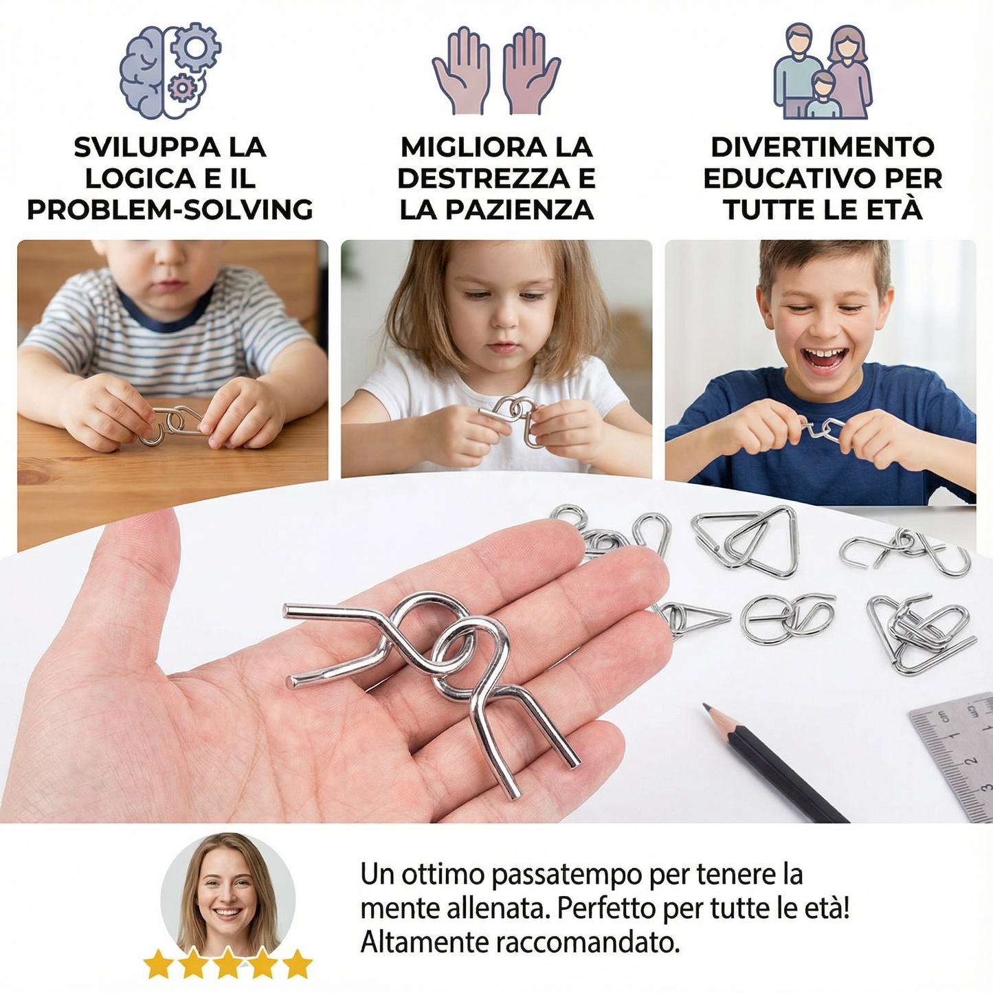 Set di Anelli Rompicapo in Metallo ⎜ Gioco di Logica per Bambini e Adulti con Molteplici Sfide di Sblocco