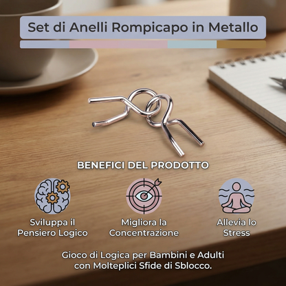 Set di Anelli Rompicapo in Metallo ⎜ Gioco di Logica per Bambini e Adulti con Molteplici Sfide di Sblocco