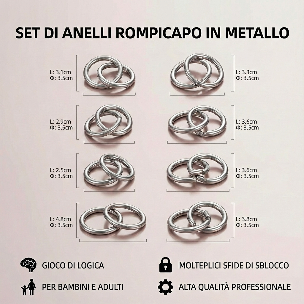 Set di Anelli Rompicapo in Metallo ⎜ Gioco di Logica per Bambini e Adulti con Molteplici Sfide di Sblocco