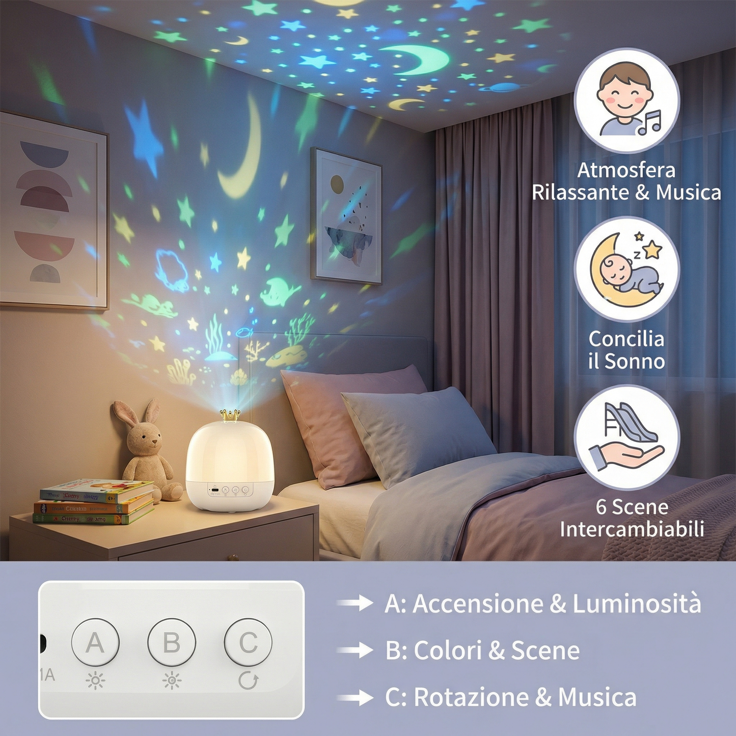 Proiettore Notturno Cielo Stellato ⎜ Lampada LED Rotante con Musica e Diapositive di Scene per un’Atmosfera Rilassante