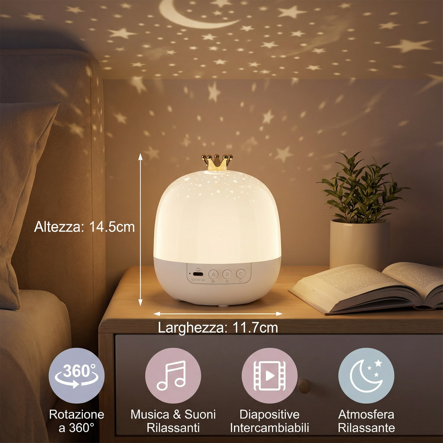 Proiettore Notturno Cielo Stellato ⎜ Lampada LED Rotante con Musica e Diapositive di Scene per un’Atmosfera Rilassante