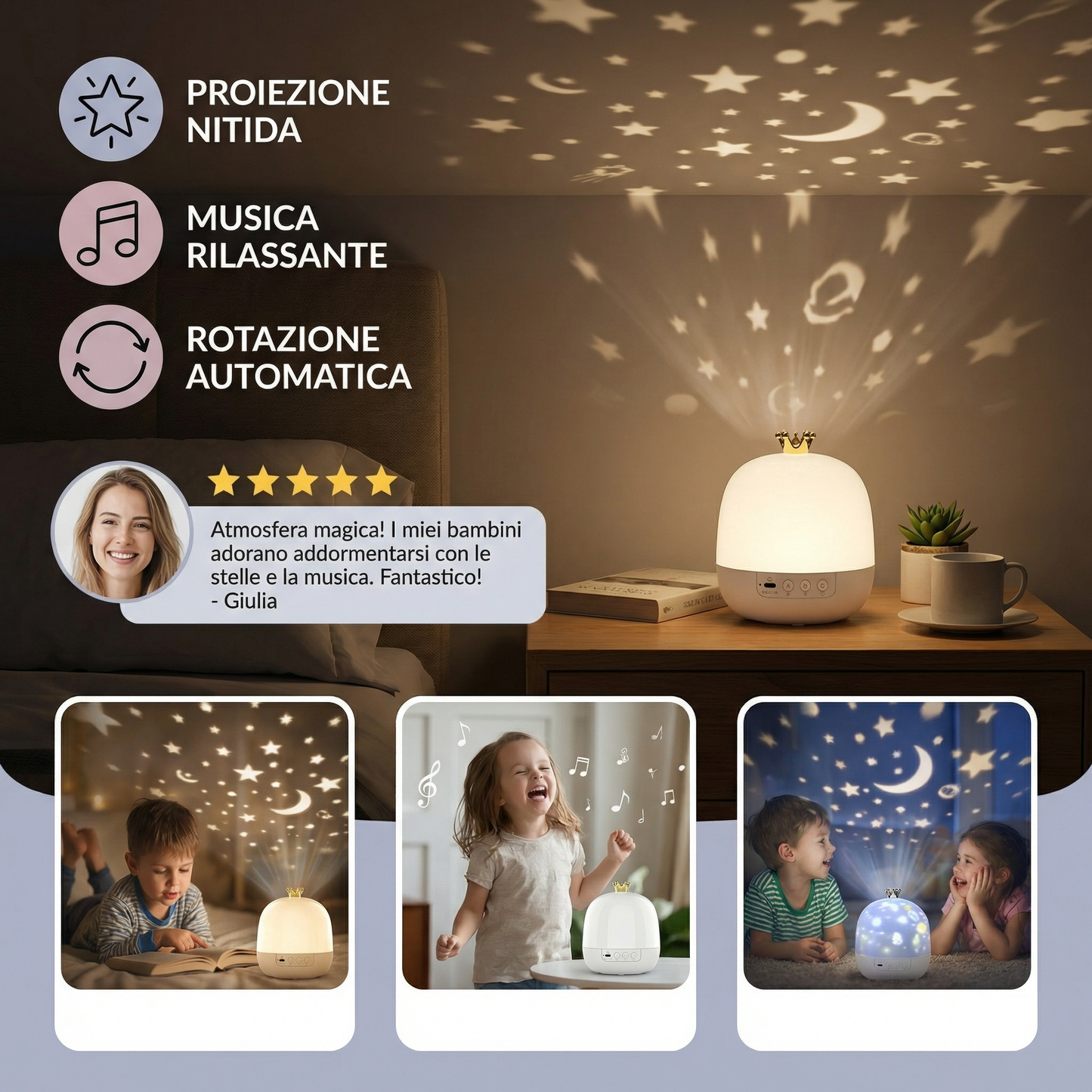 Proiettore Notturno Cielo Stellato ⎜ Lampada LED Rotante con Musica e Diapositive di Scene per un’Atmosfera Rilassante