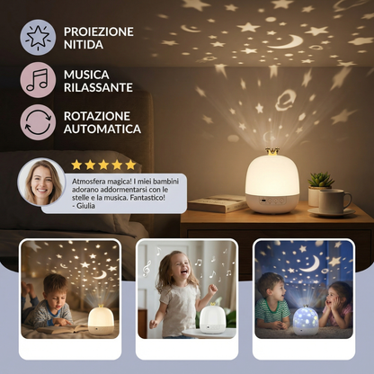 Proiettore Notturno Cielo Stellato ⎜ Lampada LED Rotante con Musica e Diapositive di Scene per un’Atmosfera Rilassante