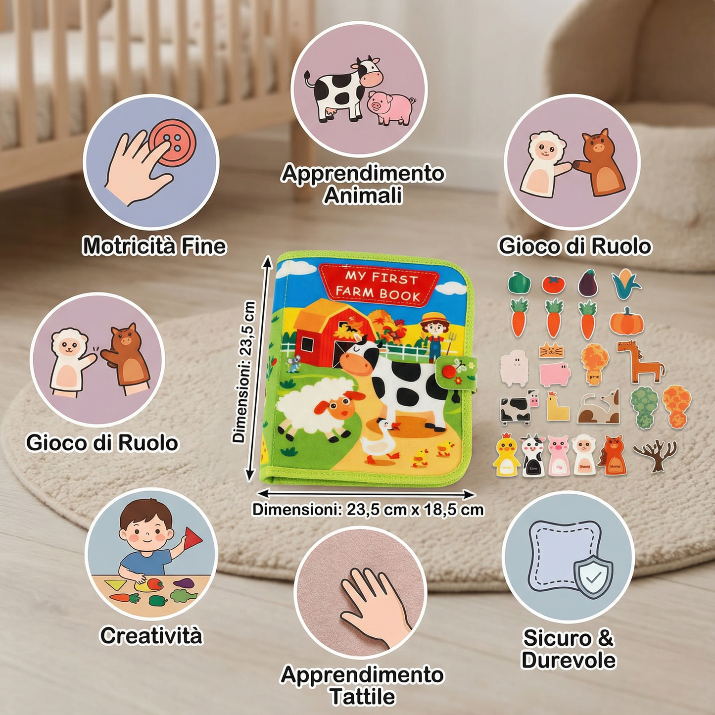 Libro didattico sulla fattoria per bambini | Libro di attività in morbido feltro per l' apprendimento degli animali e la motricità fine