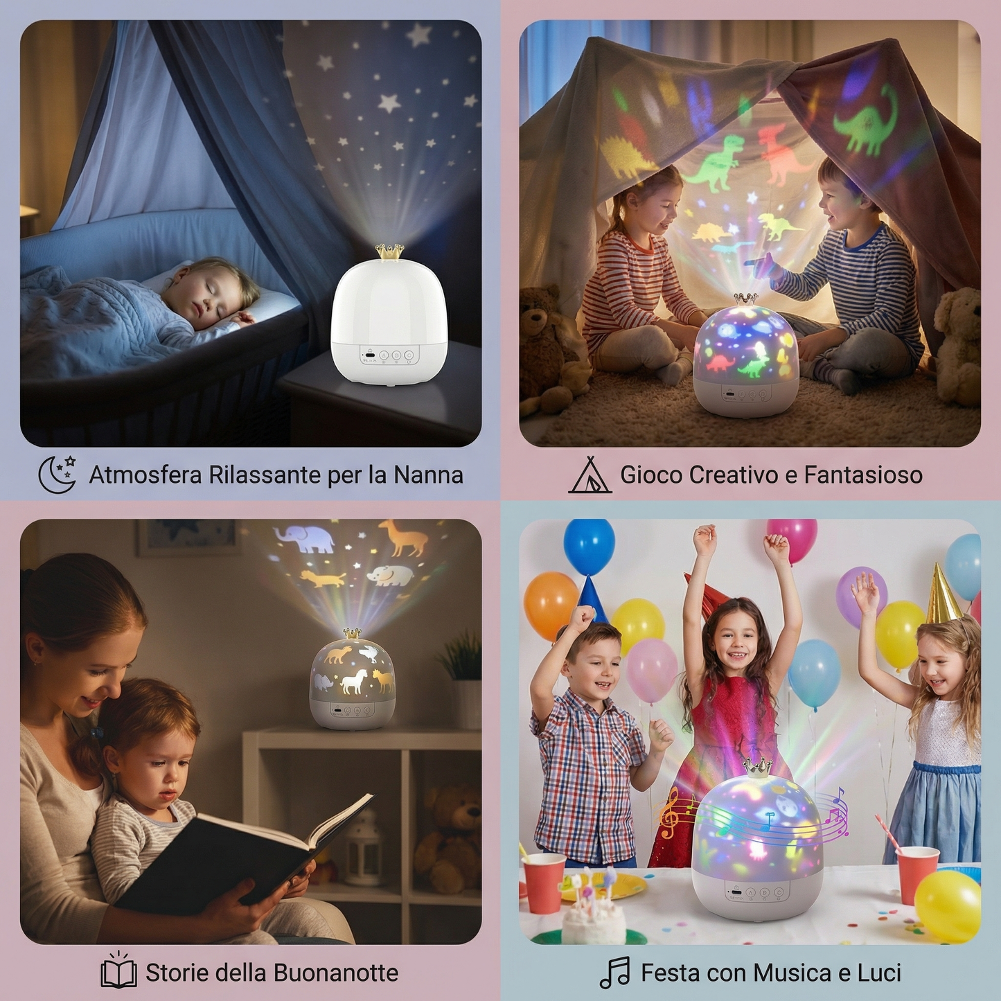 Proiettore Notturno Cielo Stellato ⎜ Lampada LED Rotante con Musica e Diapositive di Scene per un’Atmosfera Rilassante