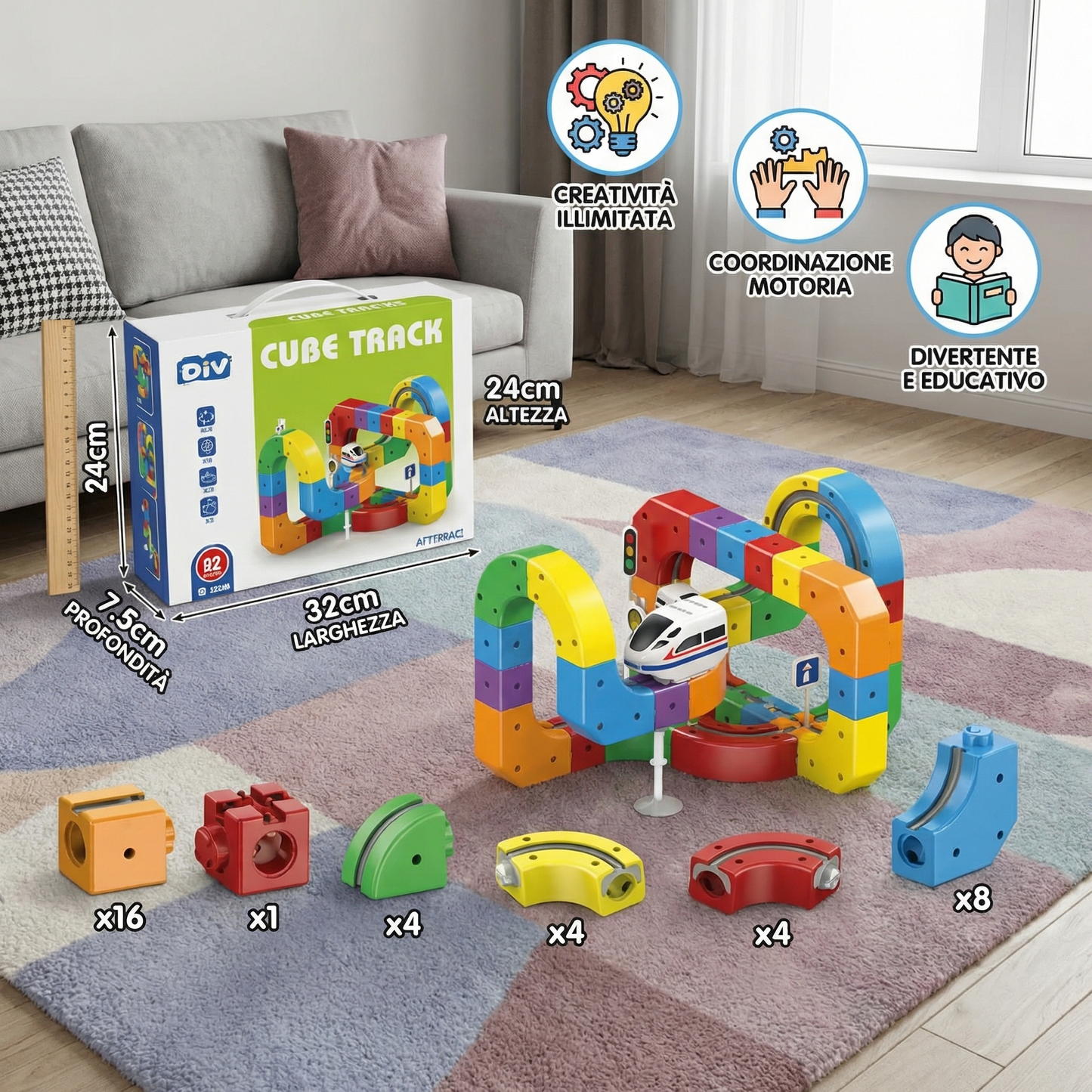 Giocattolo ferroviario con binari a cubi magici