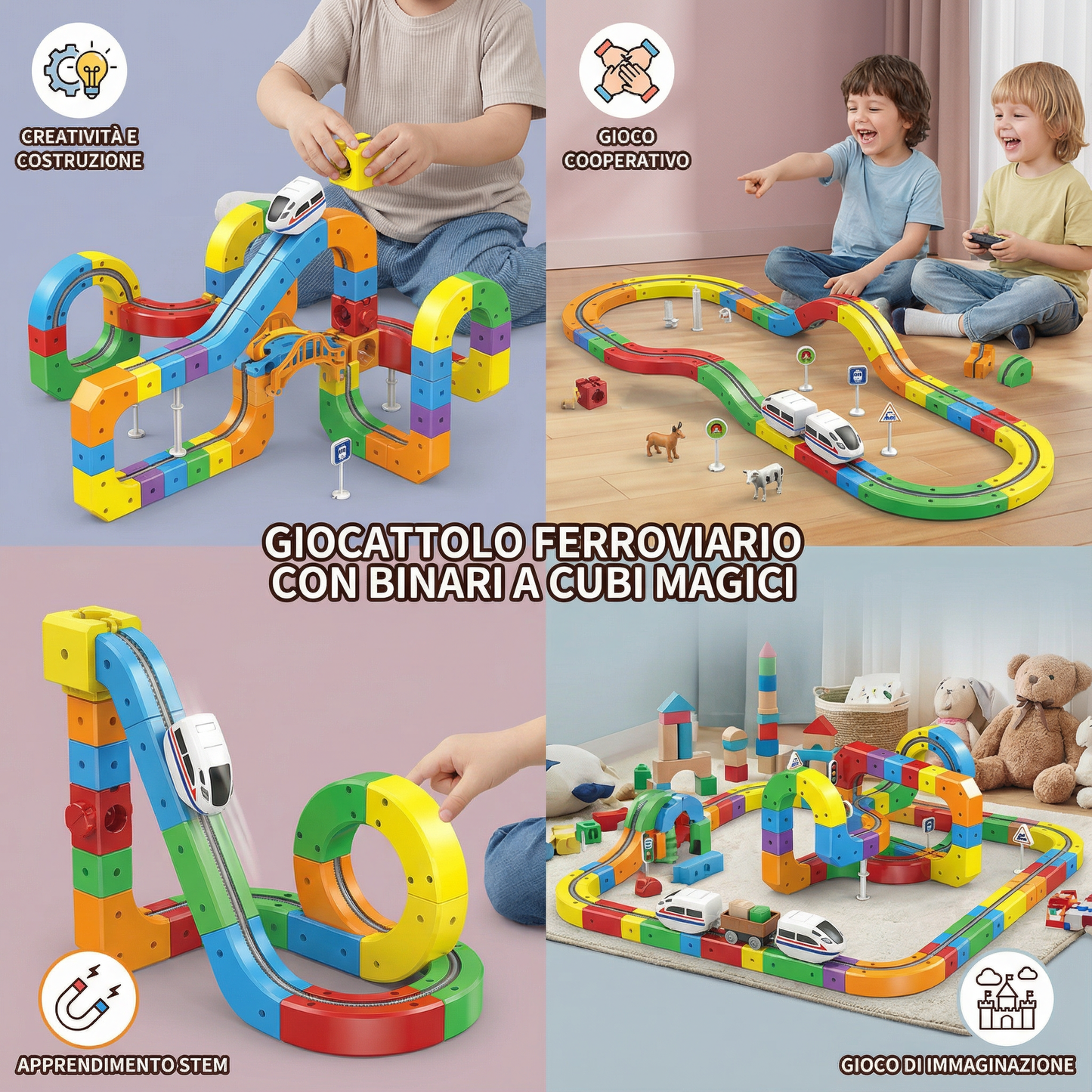 Giocattolo ferroviario con binari a cubi magici